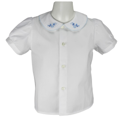 Camicia cotone M/C crochet azzurro con ricamo a fiore - Nonna Magali